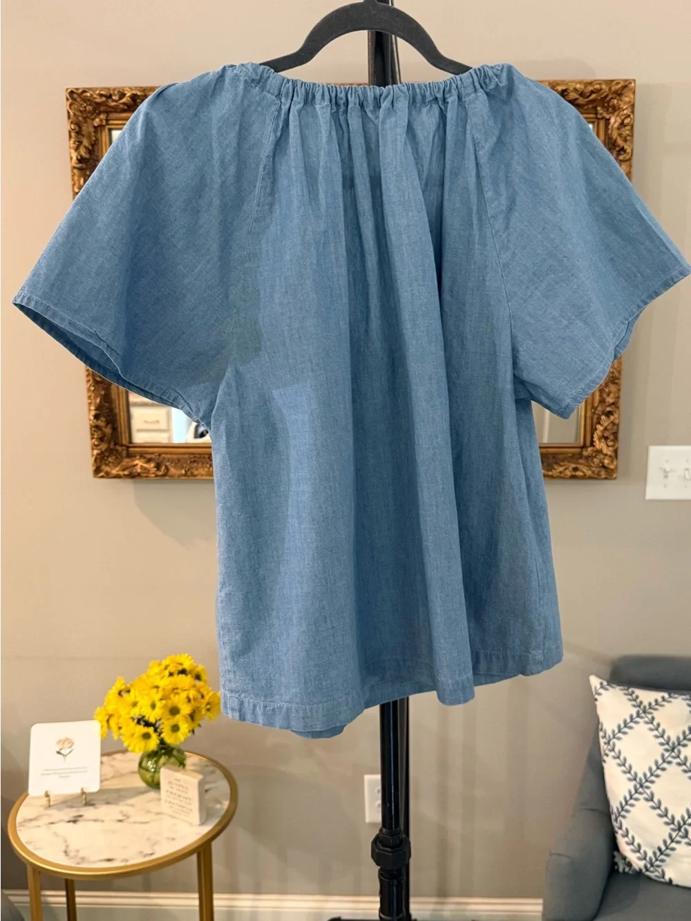 J. Crew Blue Chambray Peasant Tie-Neck Blouse